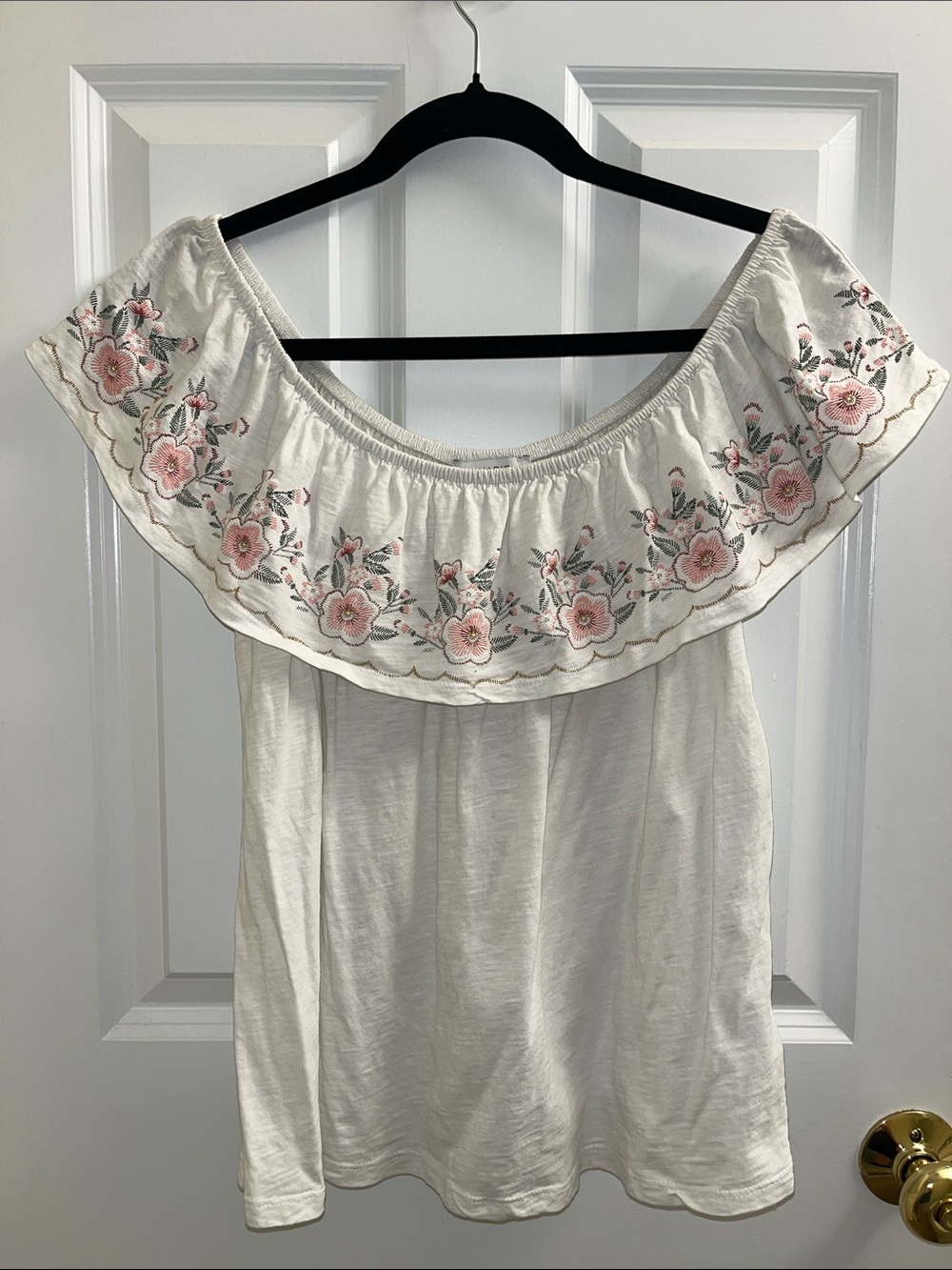 Primark White Off-Shoulder Camisole with Pink Floral Embroidery